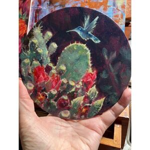 Artettina Original Hummingbird & Cactus painting Art Round desert blooming USA